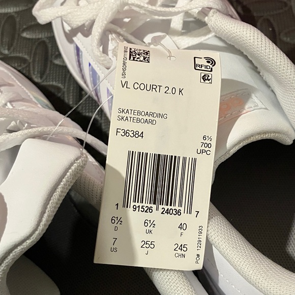 🍀Sale Adidas VL Court 2.0K White Shoes with Iridescent Stripes Women’s Size 9 - Picture 4 of 5